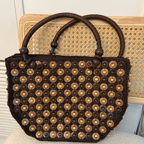 Handbags - Brown and Tan Woven Handbag/ wood